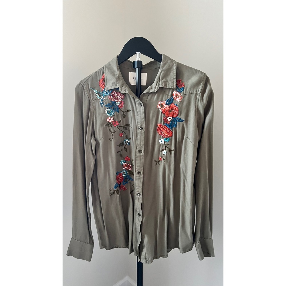 Jessica Simpson Olive Green Floral Embroidered Western Button Down Shirt M